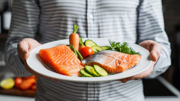 A person holding a plate with salmon, vegetables and cucumbers