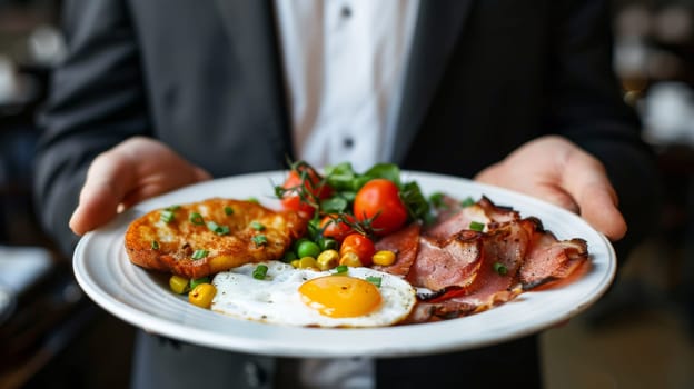A man holding a plate of food with eggs, bacon and tomatoes