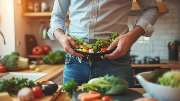 A man holding a plate of vegetables in his hands