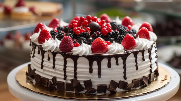 A cake with chocolate drippings and berries on a white plate