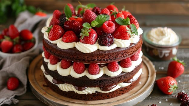 A large cake with strawberries and cream on top of a wooden table