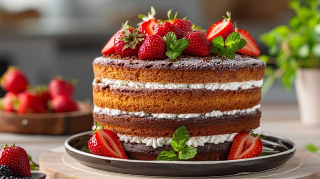 A cake with strawberries and mint on a plate next to some berries