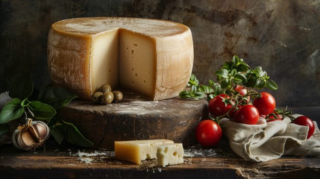 A cheese and tomatoes on a wooden table with olives