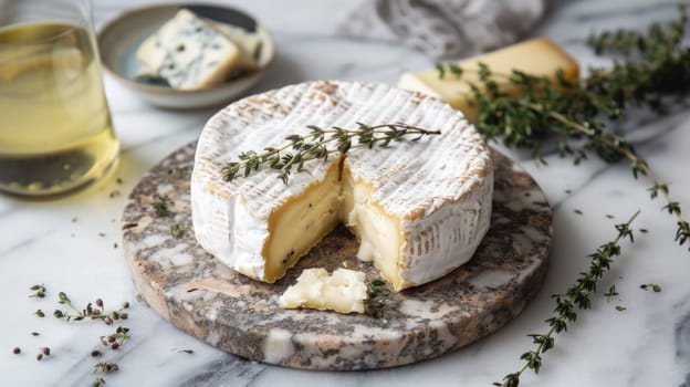 A cheese is sitting on a marble slab with some wine