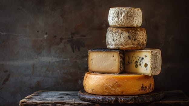 A stack of cheese on a wooden table with some other items