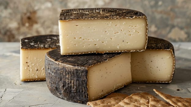 A group of cheese and crackers on a table with some bread