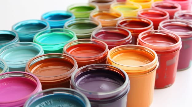 A row of jars filled with different colored paints and a white background