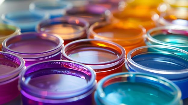 A close up of a bunch of different colored jars sitting on top of each other