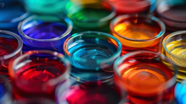 A close up of a bunch of different colored glasses filled with liquid
