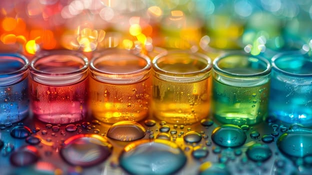 A row of colorful glass jars filled with water and drops