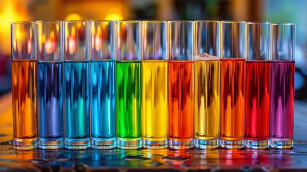 A group of colorful liquids in glasses on a table