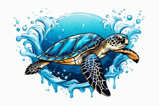 Turtle riding wave on white background. For Tshirt design, posters, postcards, other merchandise with marine theme, childrens books, educational materials for kids, tourism, stationery