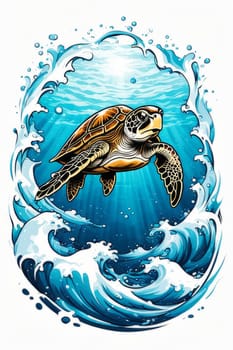 Turtle gracefully swimming in water. For educational materials for kids, game design, animated movies, tourism, stationery, Tshirt design, posters, postcards, childrens books