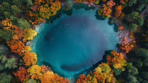 A view of a blue lake surrounded by colorful trees