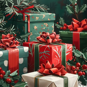 Green Christmas ornaments and decorations adorned a pile of rectangular boxes wrapped in textile, topped with red bows. The event was filled with festive cheer and natural foods