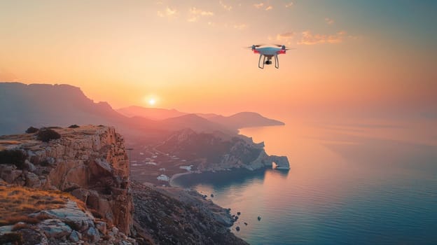 A drone flying over a cliff overlooking the ocean at sunset