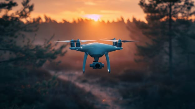 A drone flying over a forest at sunset with trees in the background