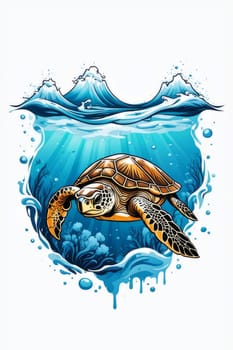 Turtle glides through its aquatic environment, showcasing beauty, tranquility of underwater world. For Tshirt design, posters, postcards, other merchandise with marine theme, childrens books, tourism