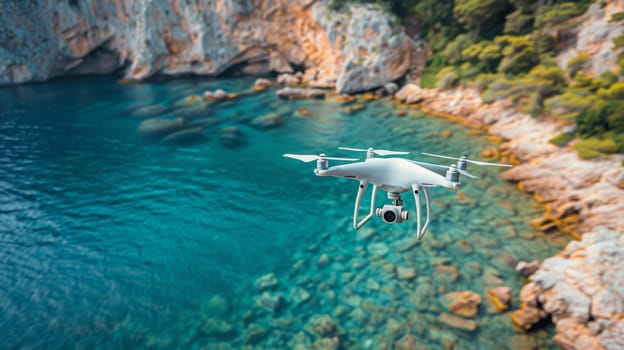 A drone flying over a body of water with rocks and trees