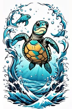 Vibrant sea turtle elegantly maneuvering its way through shimmering azure ocean depths, showcasing beauty, tranquility of marine life in its natural habitat.For fashion, clothing design, Tshirt design