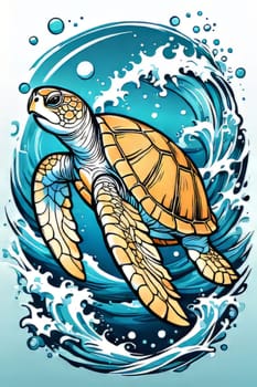 Turtle gracefully swimming in water surrounded by bubbles, showcasing its serene underwater world. For Tshirt design, posters, postcards, other merchandise with marine theme, childrens books