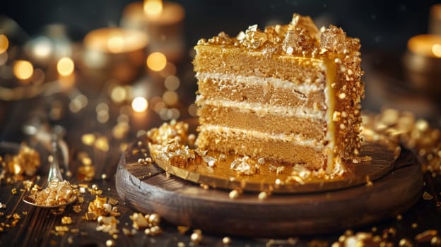 A slice of cake on a wooden plate with candles and gold decorations