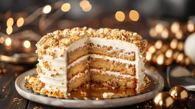 A cake with a slice missing on top of it sitting next to some decorations