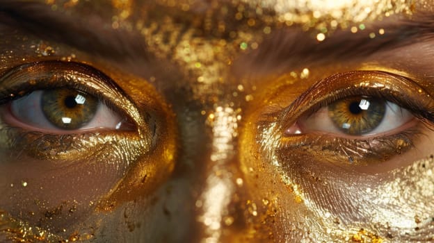 A close up of a woman's face with gold paint on it