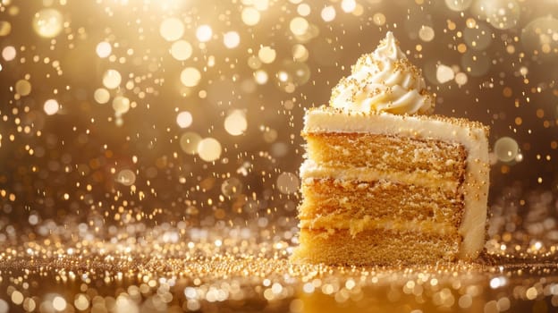 A slice of cake with frosting on a shiny surface