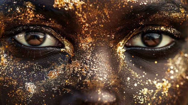 A close up of a woman's face with gold paint on it