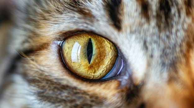 A close up of a cat's eye with yellow iris