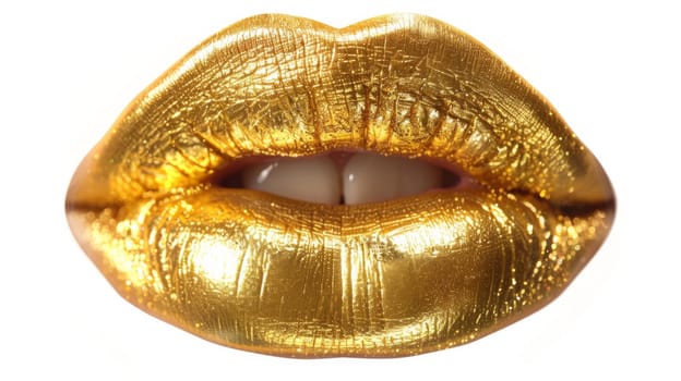 A close up of a gold painted mouth with white teeth