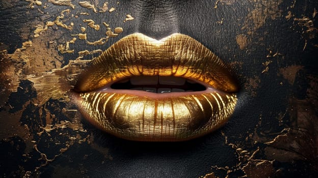 A close up of a gold painted mouth with lips
