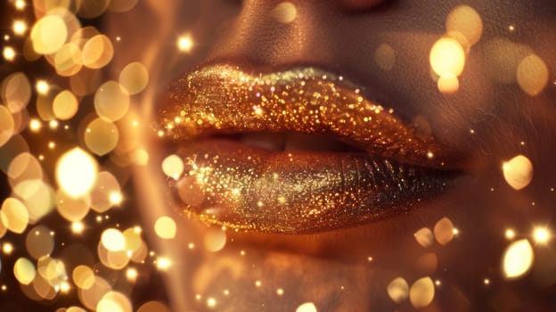 A close up of a woman's lips with gold glitter