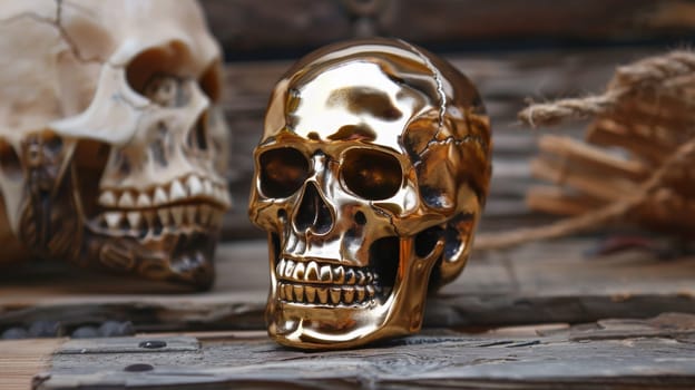 A close up of a gold skull sitting on top of wood