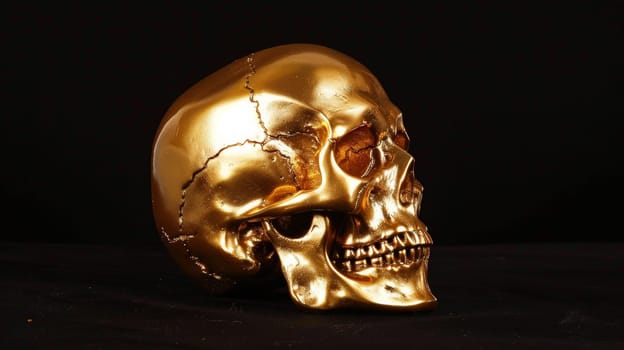A golden skull sitting on a black background with no other objects