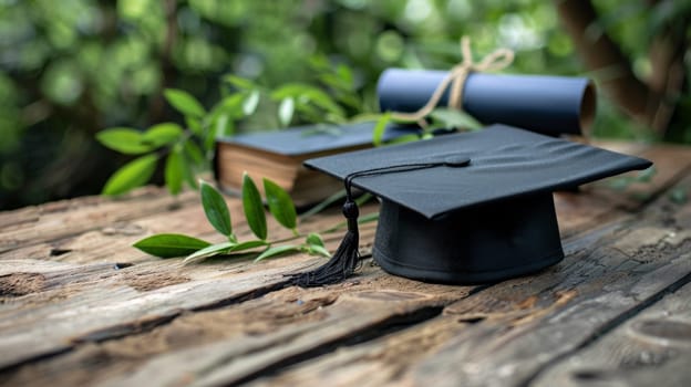 A graduation cap sitting on top of a wooden table