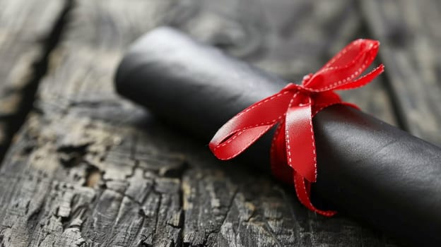 A rolled up piece of paper with a red ribbon tied to it
