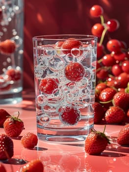 Fresh drink with strawberries and ice cubes. Summer beverage close up. Fresh drink with berries. Ai generated