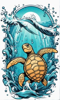 Turtle gracefully swimming in water surrounded by bubbles, showcasing its serene underwater world. For Tshirt design, posters, postcards, other merchandise with marine theme, childrens books