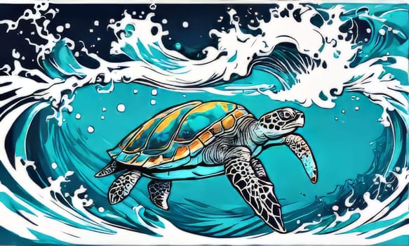 Serene turtle gracefully swimming through water amidst trail of bubbles. For fashion, clothing design, animal themed clothing advertising, as illustration for interesting clothing style, Tshirt design