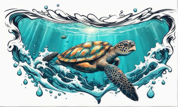 Majestic turtle is seen gliding effortlessly through water, its movements slow, graceful. For Tshirt design, posters, postcards, other merchandise with marine theme, childrens books