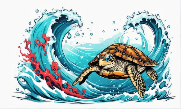 Turtle riding wave on white background. For Tshirt design, posters, postcards, other merchandise with marine theme, childrens books, educational materials for kids, tourism, stationery