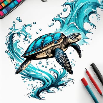 Turtle moves gracefully through water, its movements fluid, effortless. For fashion, clothing design, animal themed clothing advertising, as illustration for interesting clothing style, Tshirt design