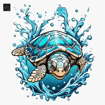 Turtle glides through its aquatic environment, showcasing beauty, tranquility of underwater world. For Tshirt design, posters, postcards, other merchandise with marine theme, childrens books, tourism