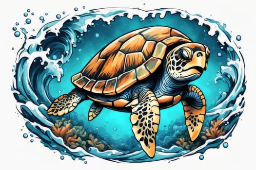 Majestic sea turtle gracefully gliding through crystal-clear waters of ocean. For educational materials for kids, game design, animated movies, tourism, stationery, Tshirt design, clothing design