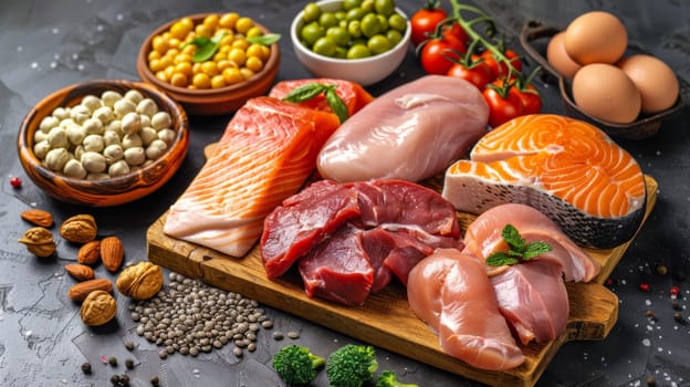 A variety of different types of meat and vegetables on a cutting board