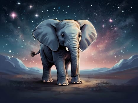 An adorable baby elephant set against a beautiful night sky dotted with stars