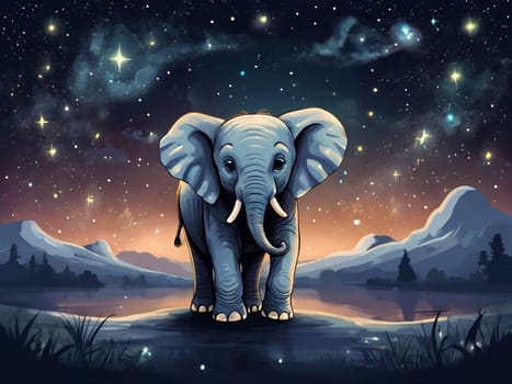 An adorable baby elephant set against a beautiful night sky dotted with stars