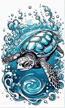 Serene turtle gracefully swimming through water amidst trail of bubbles. For fashion, clothing design, animal themed clothing advertising, as illustration for interesting clothing style, Tshirt design